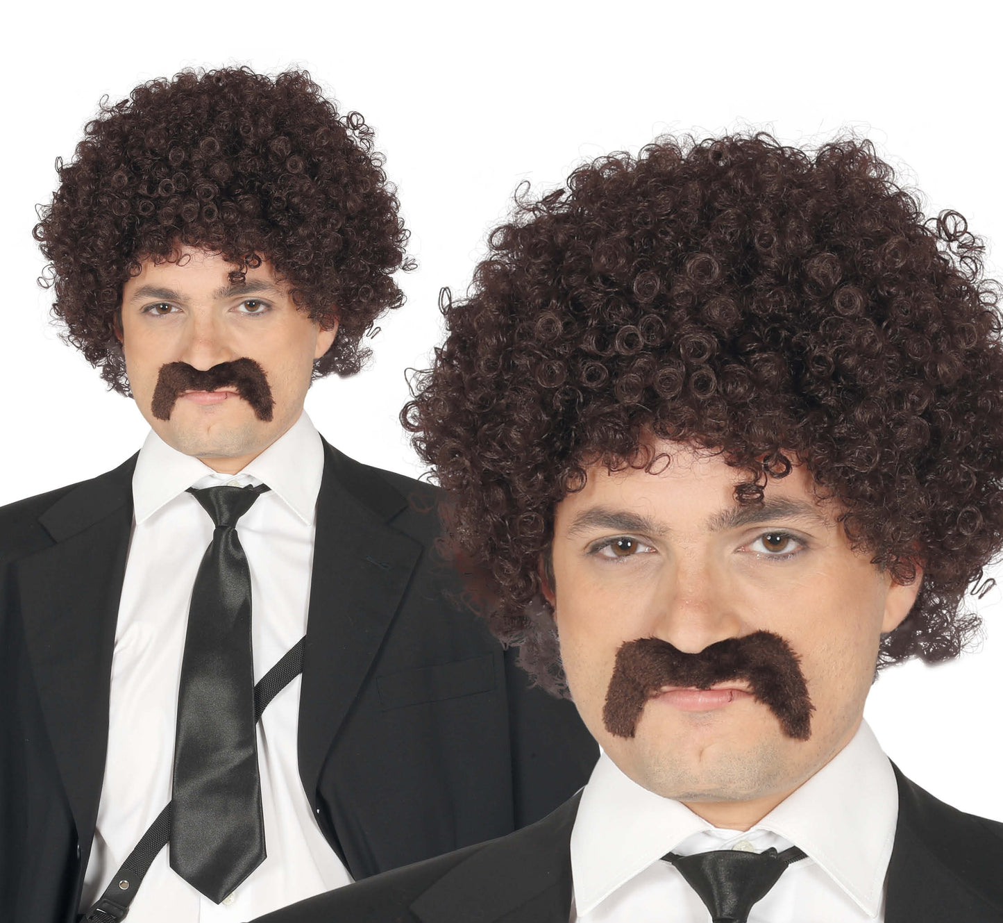 BROWN CURLY WIG WITH MOUSTACHE IN BOX