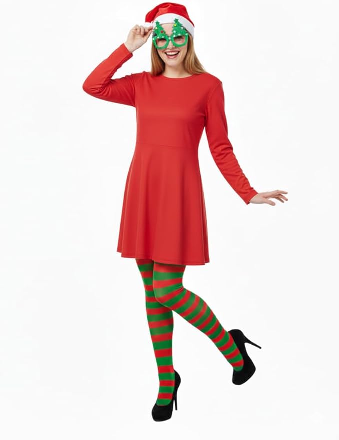 Labreeze Santa Hat, Red & Green Striped Tights & Christmas Tree Glasses – Festive Holiday Accessory Set for Adults