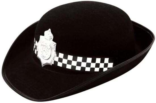 British WPC Police Cop Costume Set – Black Felt Hat with Badge & Metal Handcuffs – Fancy Dress Accessory Kit for Adults