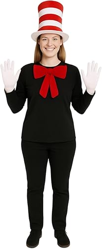 labreeze Women’s Red and White Striped Tall Top Hat Set – Fancy Dress Costume with Short White Gloves & Large Red Bow Tie (34×23.5cm) – Book Day, Cosplay, Party Outfit