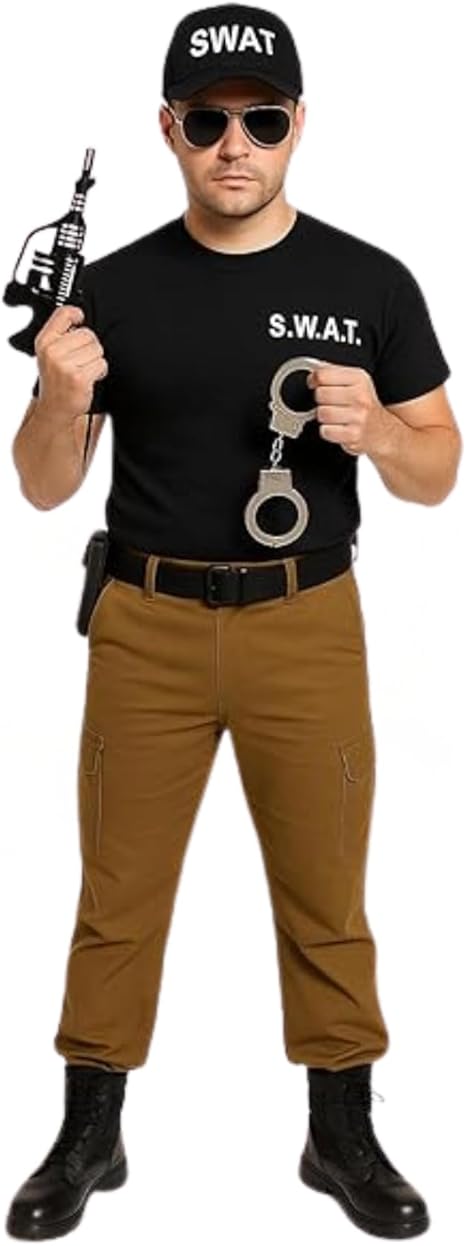 labreeze Adult SWAT Costume Set – Black SWAT Hat, Printed T-Shirt, Handcuffs & Sunglasses – Police Fancy Dress Outfit for Men & Women, Halloween & Themed Parties