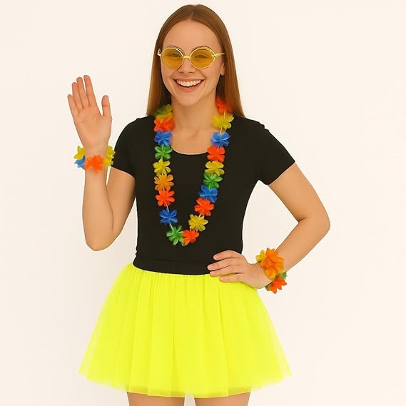 Women's Yellow 3-Layer Tutu Skirt, Yellow Glasses and Multicolour Lei 3-Piece Fancy Dress Set, Hawaiian Party Costume