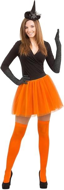 Witch Costume Accessories Set for Women & Girls – Includes Witch Hat Headband with Diamante Spider, Black Lace Gloves, OTK Socks and 3-Layer Tutu Skirt for Halloween Fancy Dress