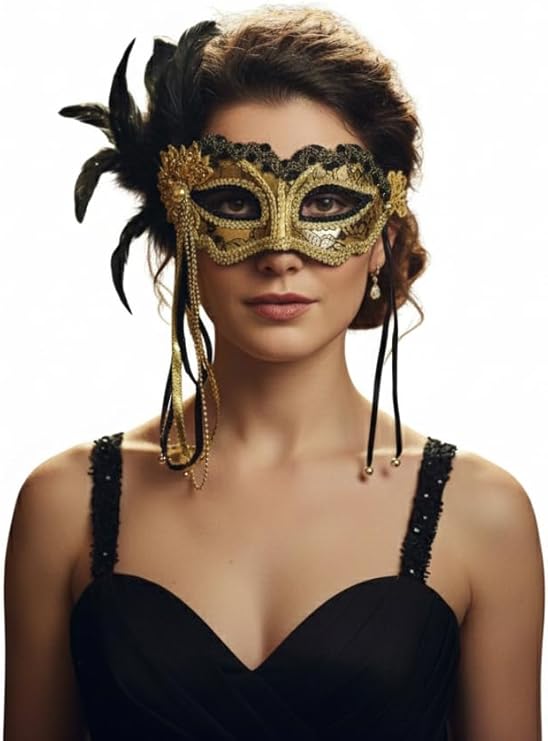 labreeze Black Metallic Masquerade Mask with Feather – Elegant Venetian Style Party Accessory