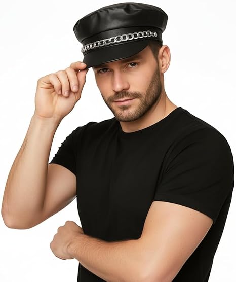labreeze Men’s Black Biker Hat – Faux Leather Police Style Cap – Adult Fancy Dress Costume Accessory