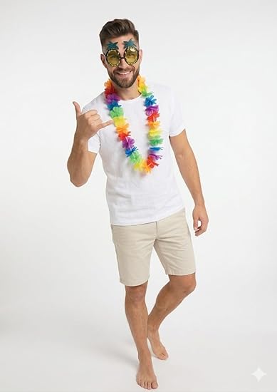 Hula Lei and Pineapple Glasses Set – Multicoloured Neon Lei & Yellow Lens Tropical Party Accessories