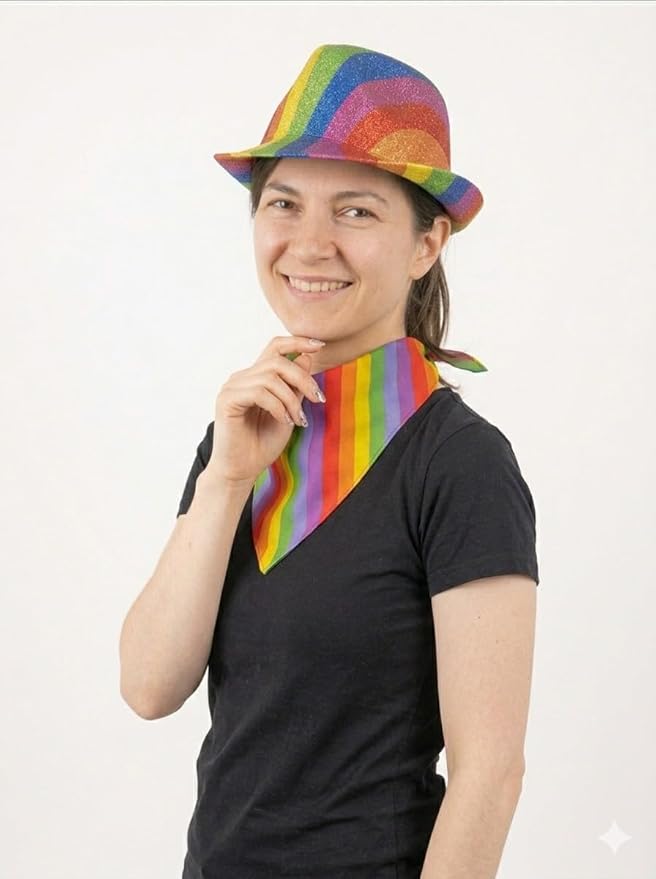 labreeze Rainbow Pride Metallic Tinsel Trilby Hat & Bandana Set – Multicolour Festival Fancy Dress Accessories - Labreeze Ltd
