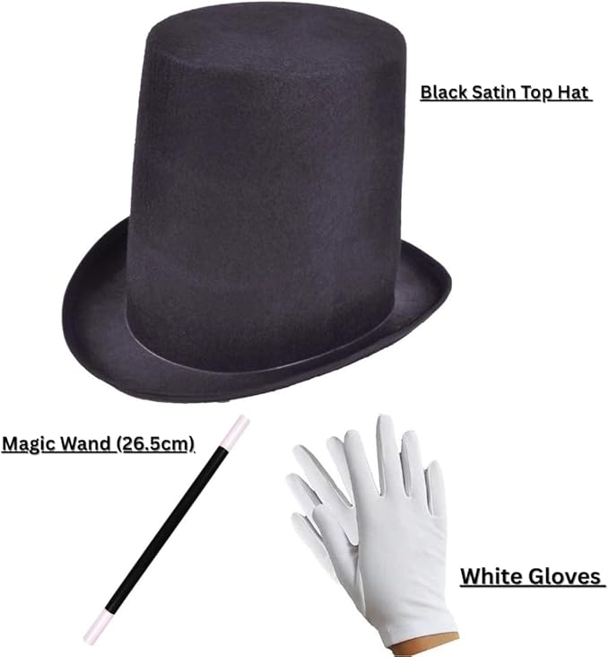 labreeze Black Satin Top Hat with Magic Wand (26.5cm) and White Gloves – Magician Costume Accessory Set