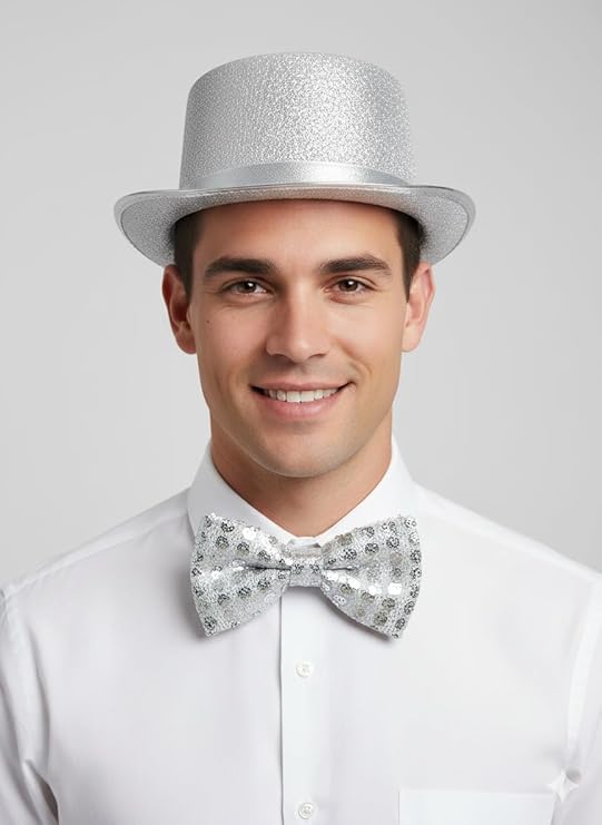 labreeze Silver Lurex Top Hat and Silver Sequin Bow Tie Set – Adult New Year’s Eve Party Costume Accessories