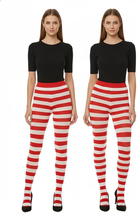 labreeze Pack of 2 Women’s Red and White Christmas Tights – Festive Striped Elf Tights for Holiday Costumes & Events