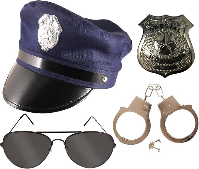 Women’s Zombie Police Costume Accessories Set – Includes Police Hat, Badge, Handcuffs, Black Sunglasses and Fake Blood – Halloween Fancy Dress Kit for Girls & Ladies