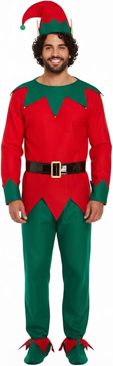 labreeze Men’s Christmas Elf Costume – One Size Adult 5-Piece Fancy Dress Outfit