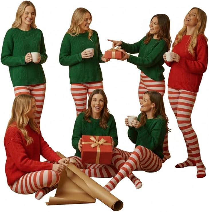 labreeze Pack of 7 Women’s Red and White Christmas Tights – Festive Striped Elf Tights for Holiday Costumes & Seasonal Events