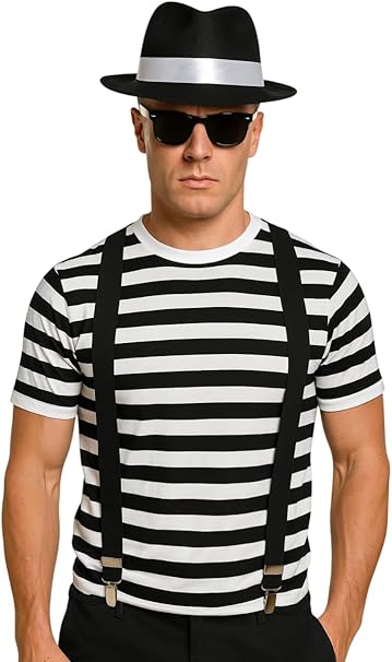 labreeze Gangster Fancy Dress Set – Black & White Stripe T-Shirt, Al Capone-Style Hat & Black Braces – 1920s Mobster Outfit for Adults, Halloween, Fancy Dress, Parties & Themed Events