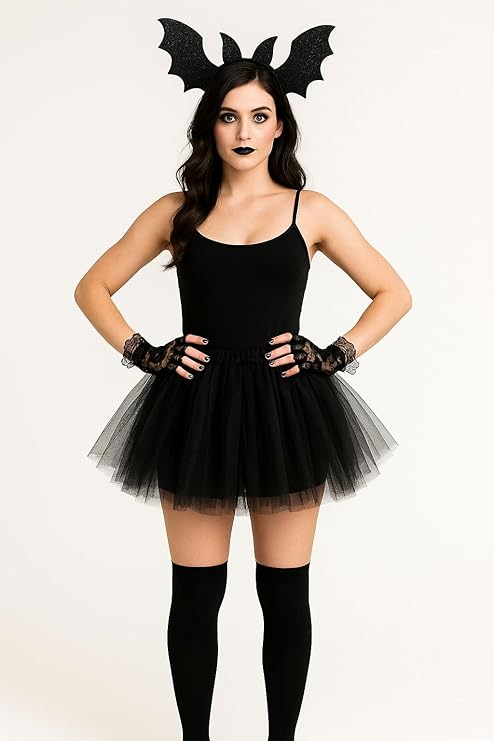 Labreeze Gothic Halloween Costume Set – Black Tulle Tutu Skirt, Bat Wing Headband, Lace Gloves & Over-Knee Socks – Adult One Size Fancy Dress Outfit