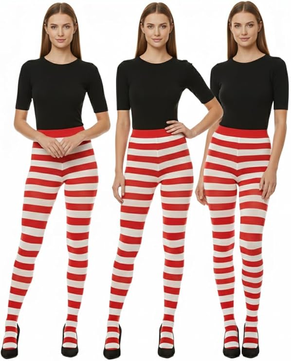 labreeze Pack of 3 Women’s Red and White Christmas Tights – Festive Striped Elf Tights for Holiday Costumes & Seasonal Events