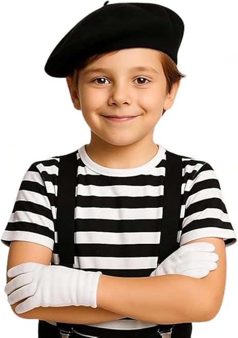 Kids Black and White Stripe T-Shirt, Black Beret Hat, White Gloves & Black Braces Set – Boys French Mime Fancy Dress Costume Outfit – World Book Day