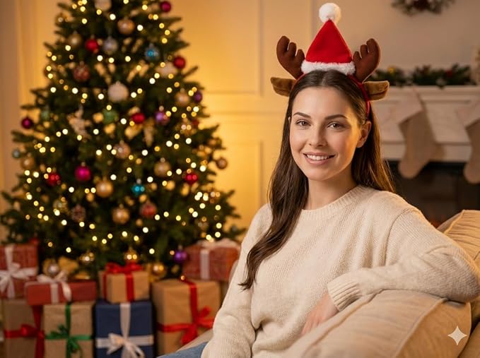 labreeze Reindeer Antler Headband with Ears and Santa Hat – Christmas Hair Accessory for Women
