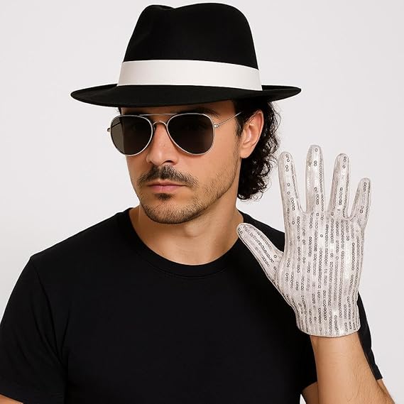labreeze Black Al Capone Gangster Hat and Sequin Glove Fancy Dress Set, One Size Adult