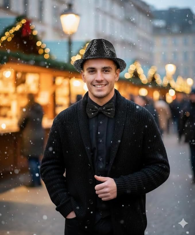 Black Sequin Hat & Bow Tie Set – Adult Fancy Dress Party Costume Accessories