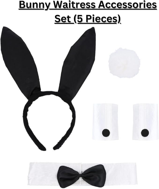 labreeze Easter Bunny Costume Accessories Set – Black Bunny Ears, White Wrist Cuffs, Bow Tie Collar & Fluffy Tail – 5 Piece Easter Fancy Dress Kit