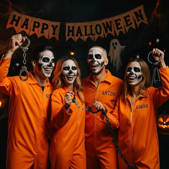labreeze Halloween Prison Jumpsuit Costume with Handcuffs – Orange Inmate Uniform with Prisoner Number – Unisex Adult Fancy Dress Outfit for Halloween & Parties