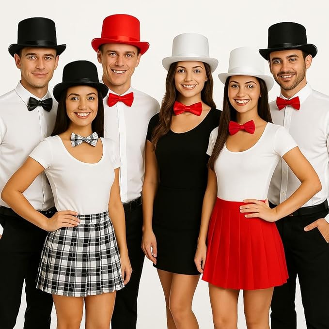 Set of 6 Satin Top Hats with Matching Bows - Perfect for Hen Parties & Stag Dos And Fancy Dress Party