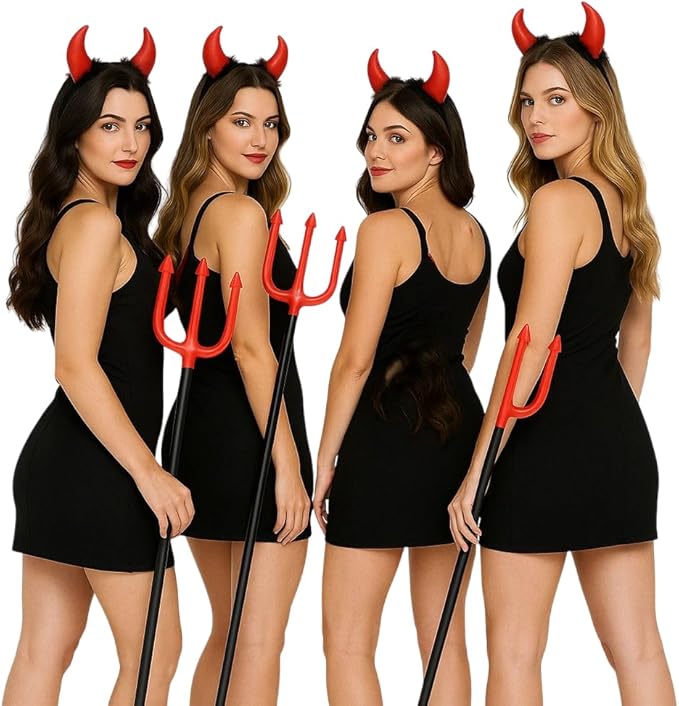 labreeze Women’s Halloween Devil Set – 4x Red Horns with Fur Headbands and 3x 103cm Devil Forks – Fancy Dress Costume Accessories for Parties, Cosplay & Halloween