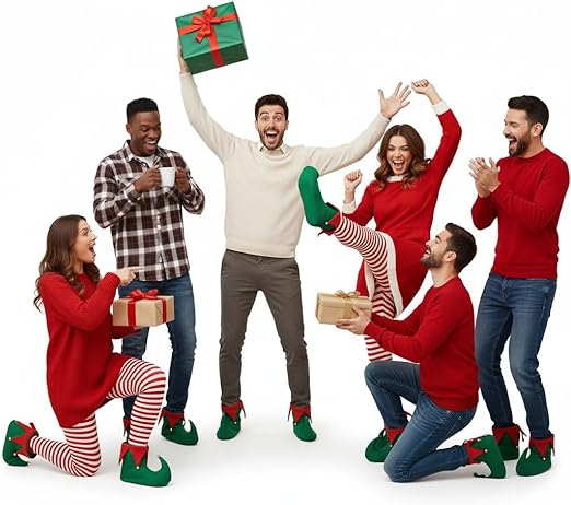 labreeze Pack of 5 Adult Deluxe Elf Boots – Green & Red Plush Christmas Elf Shoes