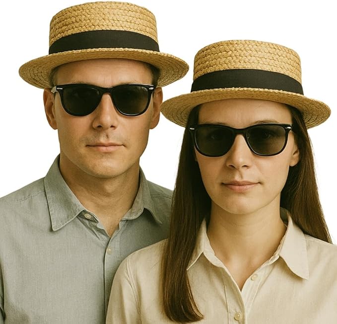 Classic Straw Boater Hat Set of 6 for Adults – Vintage Skimmer Flat Top Hats with Ribbon Band – Group Costume Accessories for Men & Women – Perfect for 1920s Themed Parties, Choirs, Barbershop Quartets