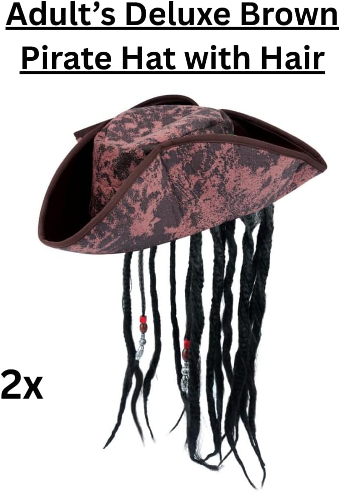 labreeze Adult’s Deluxe Brown Pirate Hat with Hair & 5pc Pirate Fancy Dress Accessories Pack