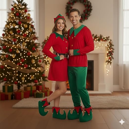 labreeze Pack of 2 Adult Deluxe Elf Boots – Green & Red Plush Christmas Elf Shoes