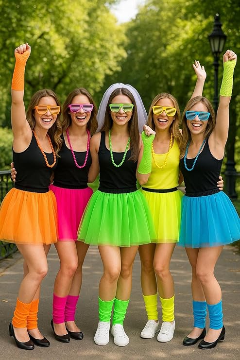 80s Neon Fancy Dress Costume Set, Women's Party Accessories with Shutter Glasses, Beaded Necklace, Tutu Skirt, Leg Warmers, Fishnet Gloves, Pack of 5