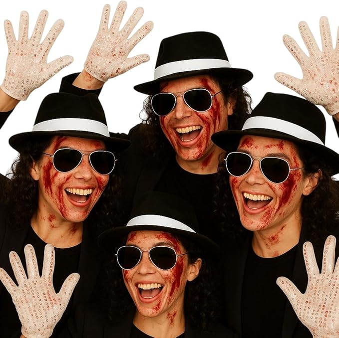 Labreeze Halloween 4 Pack – Black Al Capone Gangster Hats, Sunglasses & Silver Sequin Glove Set for Adults – Group Fancy Dress Accessory Kit for Halloween Party Costumes