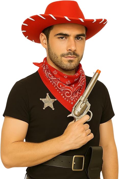 labreeze Couples Cowboy Sheriff Costume Set – Red & Brown Hat with Accessories – Western Fancy Dress
