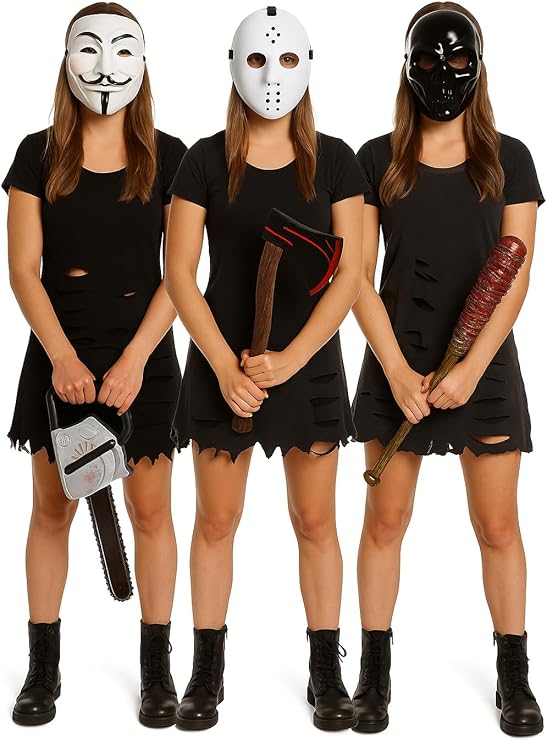 abreeze Halloween Horror Movie Mask and Weapon Costume Accessories Set, 3-Pack Including Anonymous, Hockey, Dark Lord Masks with Chainsaw, Axe, Bat Props