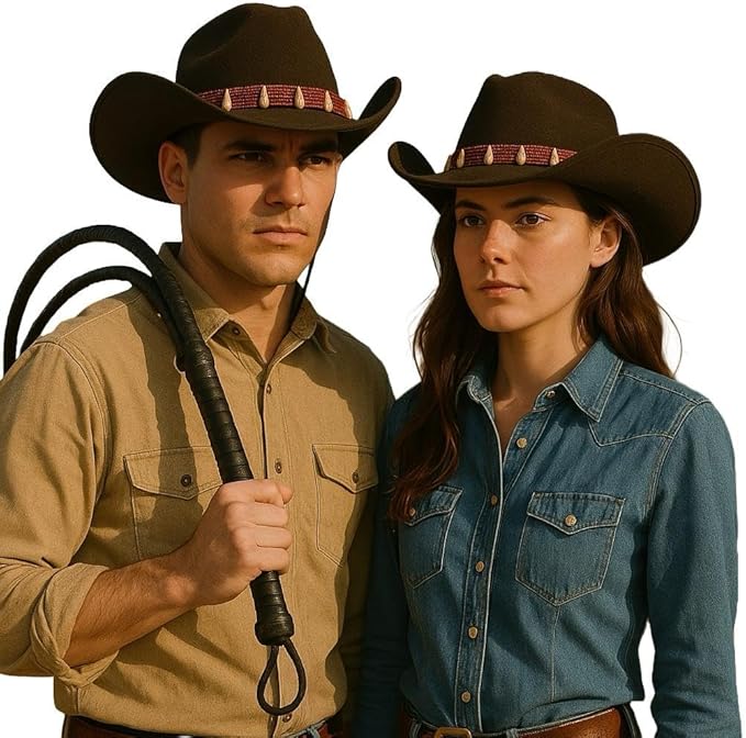 labreeze 2 Brown Cowboy Hats with Teeth & 2 Explorer Whips (2m) Set for Couple – Perfect for Western, Cowboy, Explorer Themed Costumes – Ideal for Halloween, Cosplay, and Party Costumes