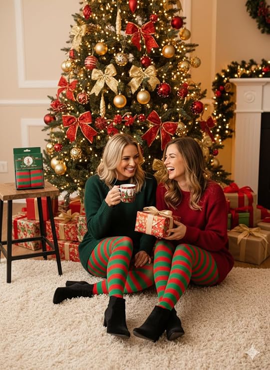 labreeze Pack of 2 Women’s Red and Green Christmas Tights – Festive Striped Elf Tights for Holiday Costumes & Seasonal Events