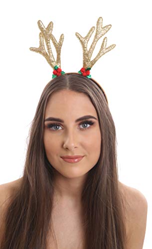Christmas Gold Glitter Reindeer Antlers Headband with Holly - Festive Alice Hair Band for Holiday Celebrations