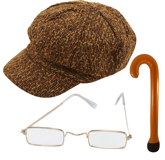 Vintage Flat Cap Hat (Adult) with Old Man Glasses & Inflatable Walking Stick - Classic Style for Sophisticated Charm