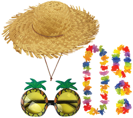 Female Straw Beachcomber Hat Pineapple Glasses 4 Pcs Lei Set Hawaiian Hula Party Fancy Dress Kit