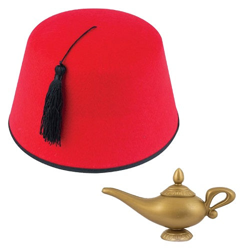 Transform into Aladdin: Fancy Dress Kit with Red Fez Hat, Tassel, and Genie Lamp - Perfect Party Character Set