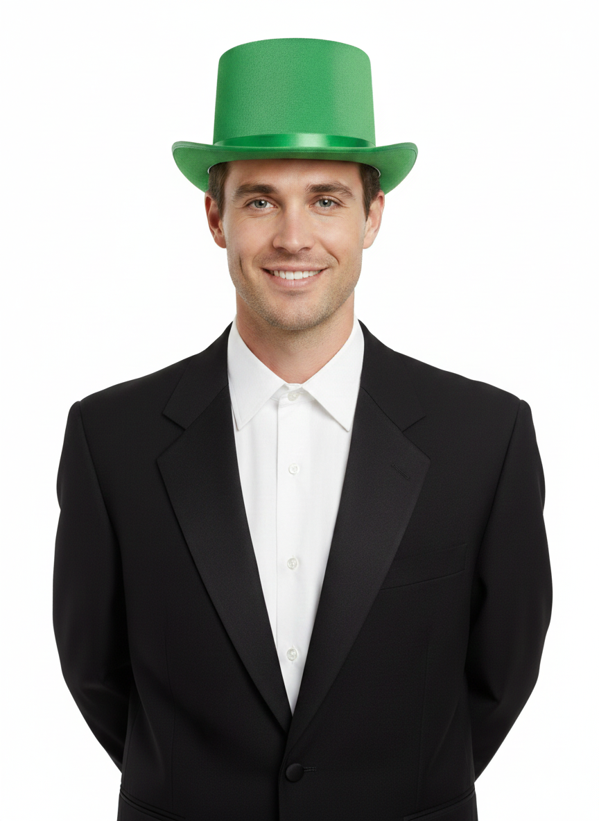 Adults Green Satin Top Hat with Ribbon – Fancy Dress Party Hat