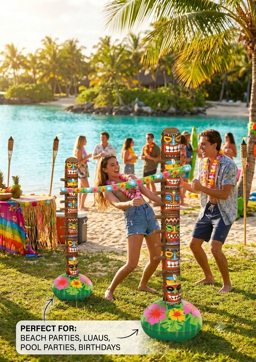 labreeze Inflatable Limbo Set with 3 Pieces & Hula Lei Set – 6 Pack 100cm Hawaiian Flower Leis for Tropical Parties