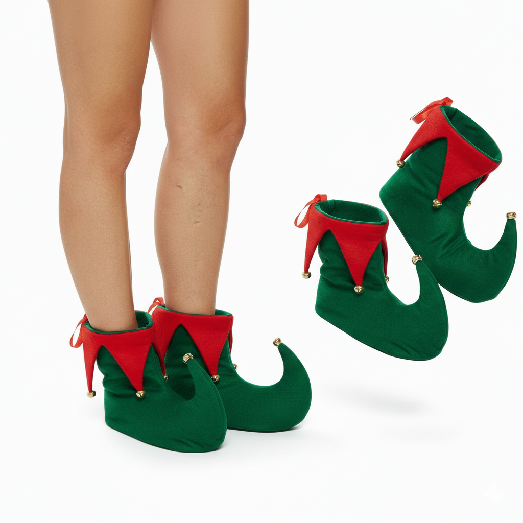 labreeze Pack of 4 Adult Deluxe Elf Boots – Green & Red Plush Christmas Elf Shoes