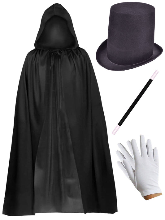 Stunning Stovepipe Top Hat with Black Cape, Magic Wand, and White Gloves - Complete Magician Costume Set for Unforgettable Performances