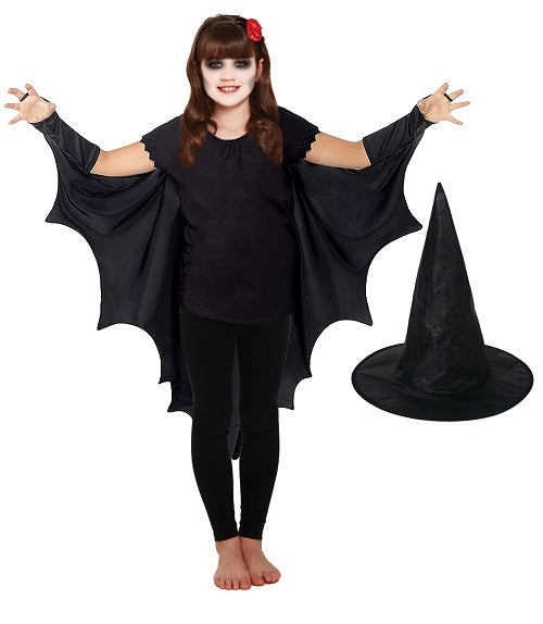 Children's Bat Cape and Witch Hat Set - Halloween Costume Accessories for Kids - Playful Dress-Up Kit for Spooky Fun