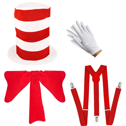 Children's Cat Costume Accessories Set - Tall Red and White Top Hat, Big Red Crazy Bow Tie, White Gloves, and Red Braces