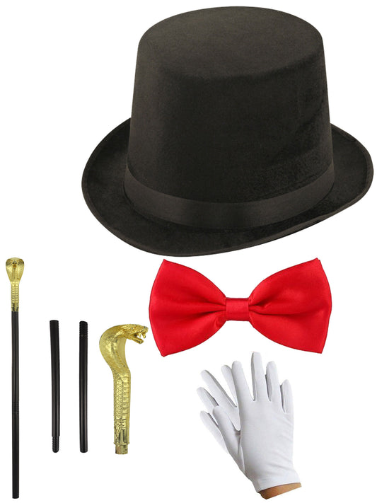 Lincoln Style Black Velour Hat Sleek Snake Head Sceptre, Red Bow Tie, and White Gloves Set