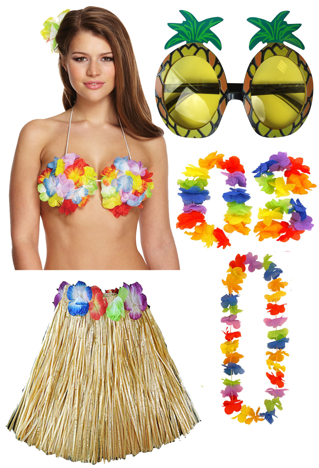 Hula Grass Skirt Flower Bra 4 Pcs Lei Set Pineapple Glasses Ladies Hawaiian Hula Fancy Dress Party Costume